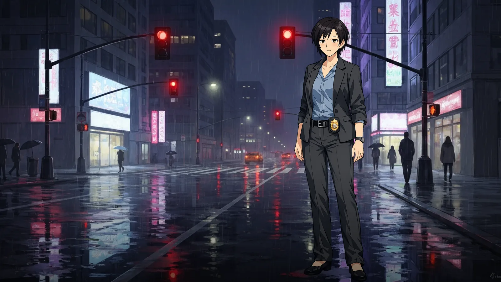 A detective with a badge on her belt standing on a rain-soaked city street at night