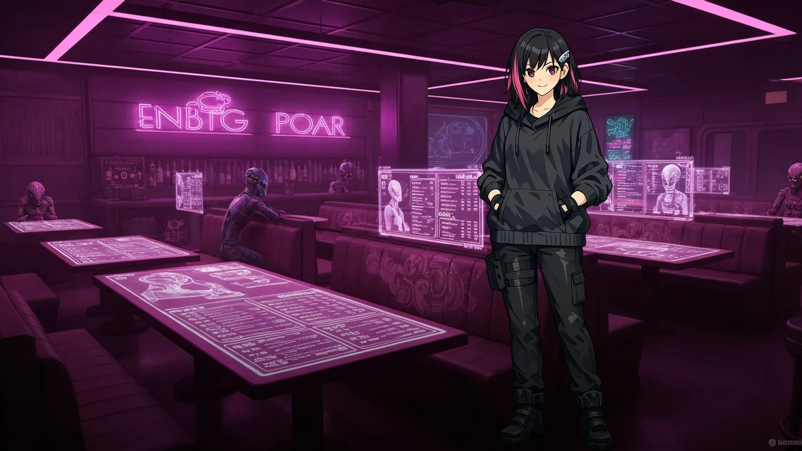 A hacker in a black hoodie standing in a neon-lit science-fiction bar