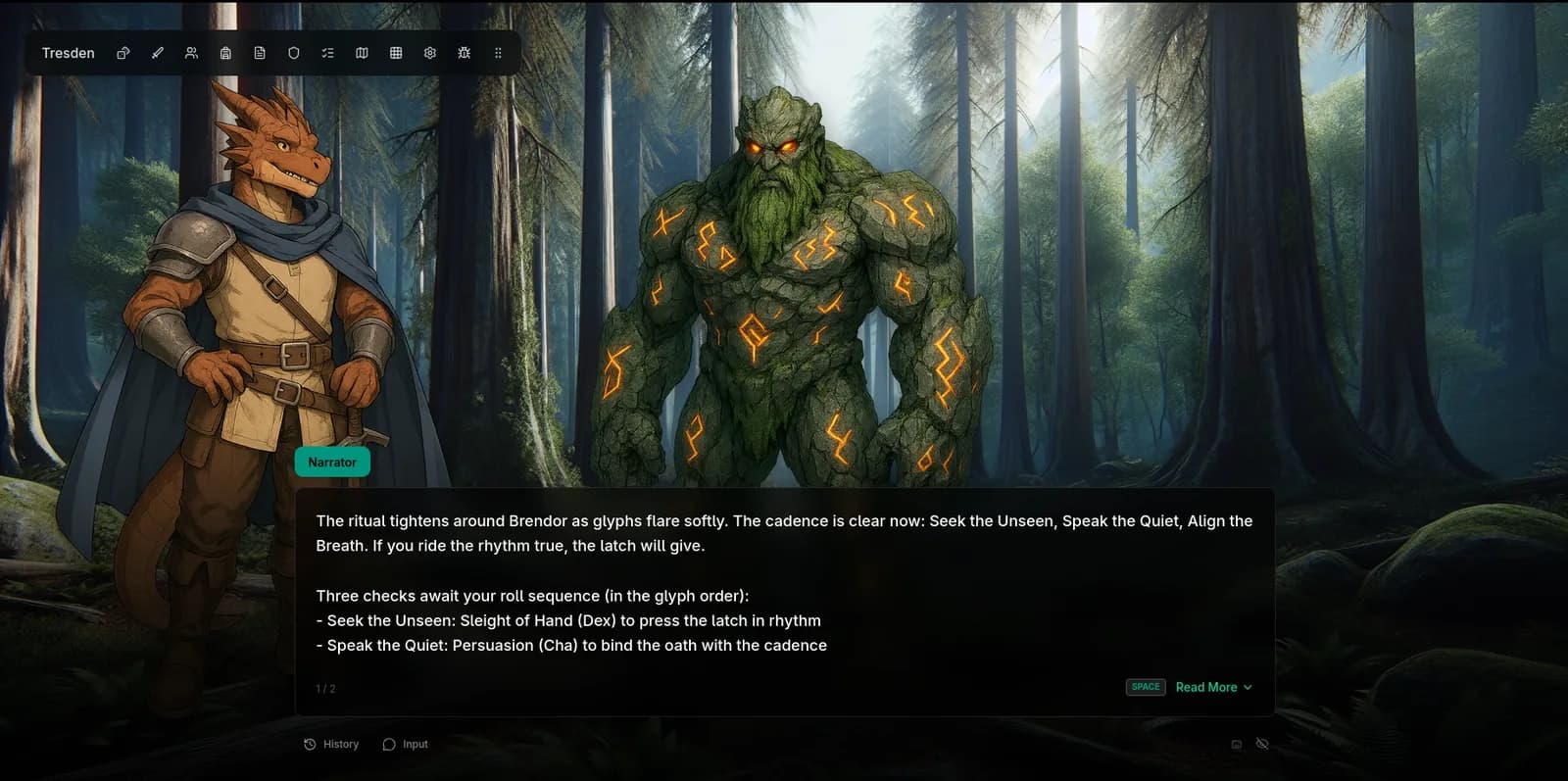 An Orpheus scene: a dragonborn traveler and a rune-carved stone guardian in a redwood forest, with the narrator's dialogue box laying out the checks ahead